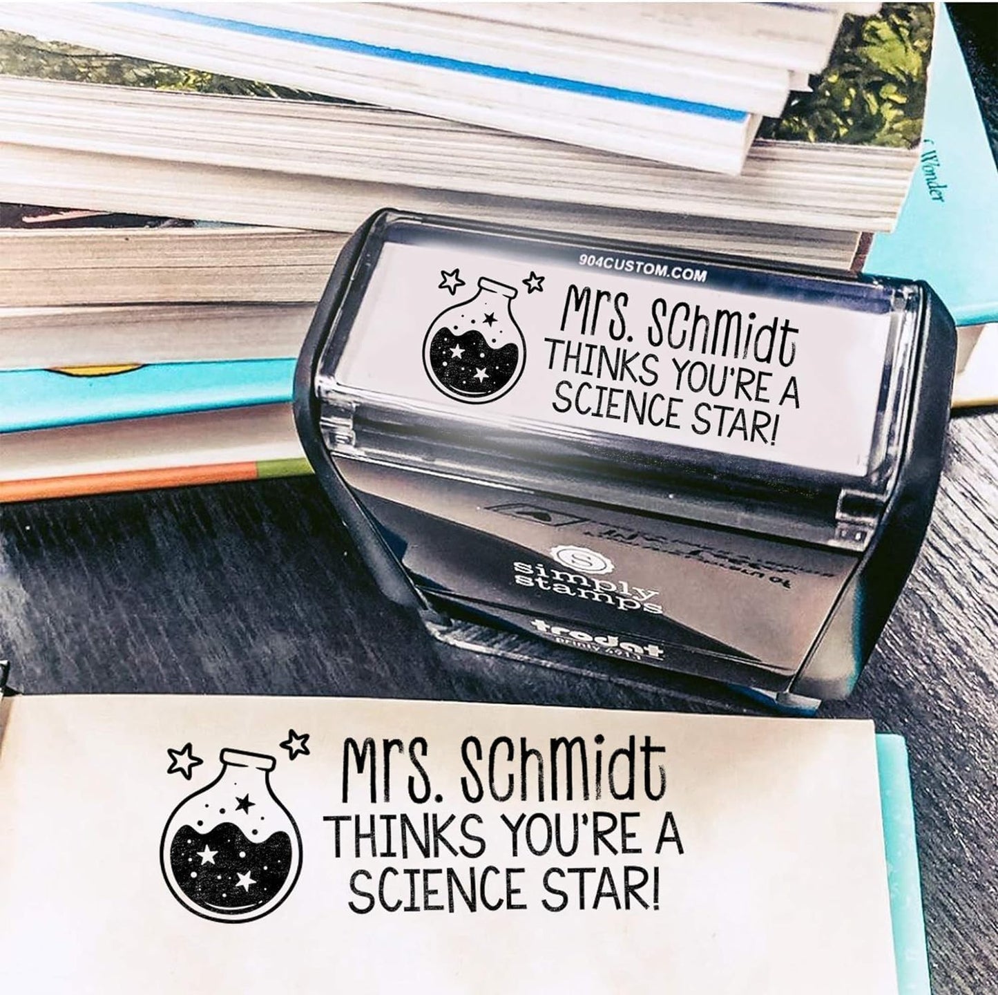 Custom Self-Inking Teacher Stamps | 49 Designs | Fun Phrases | Grading Made Easy | Classroom and Library Book Stamps (Science Star, Xtra Wide)