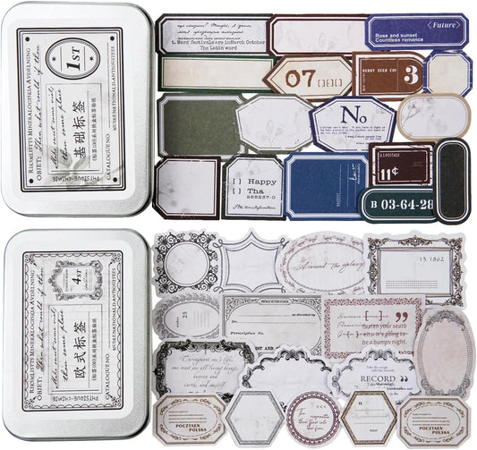 200 PCS Vintage Label Stickers Set, Retro Europe & Basic Designs for Journaling, Scrapbooking, DIY Crafts, Gift Wrapping, and Art, Includes 2 Iron Tins