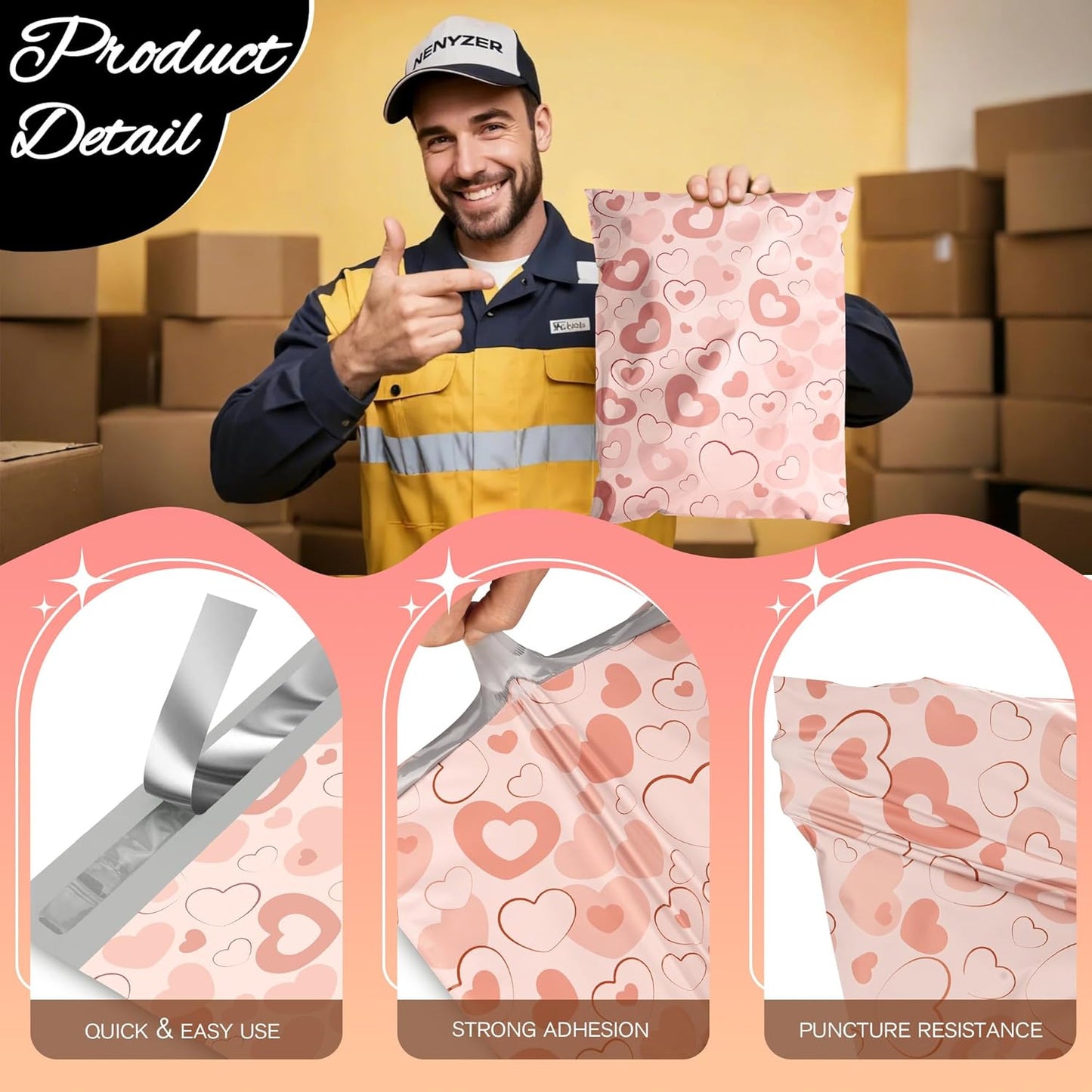 Pink Heart Poly Mailer 12x15.5 Inch 50 Pcs, Waterproof Shipping Bags for Clothing, Tear-Resistant Mailier Bags, Strong Mailing Bags with Self-Seal