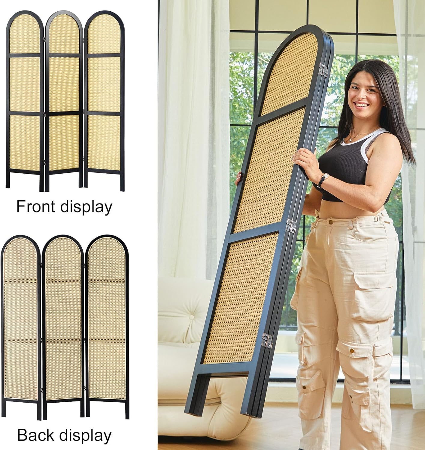 Room Divider and Folding Privacy Screens, Pine Wood 5.6 Ft Double Hinged Rattan Partition Freestanding Wall Room Divider for Home - 3 Panels