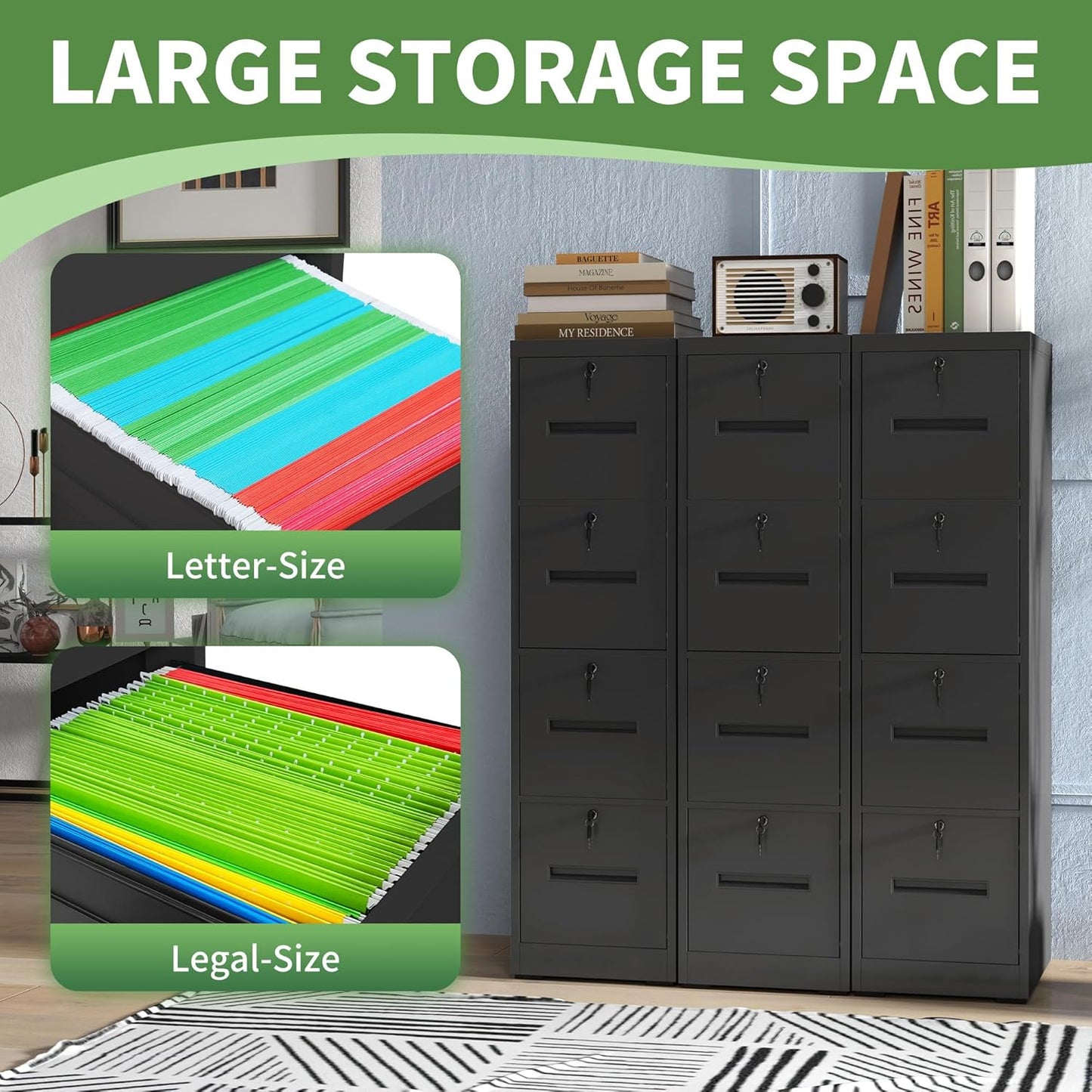 File Cabinet 4 Drawer with Lock, Vertical Filing Cabinets for Home Office, Metal Steel Storage Cabinet for Letter/Legal Size File, Assembly Required(Black)