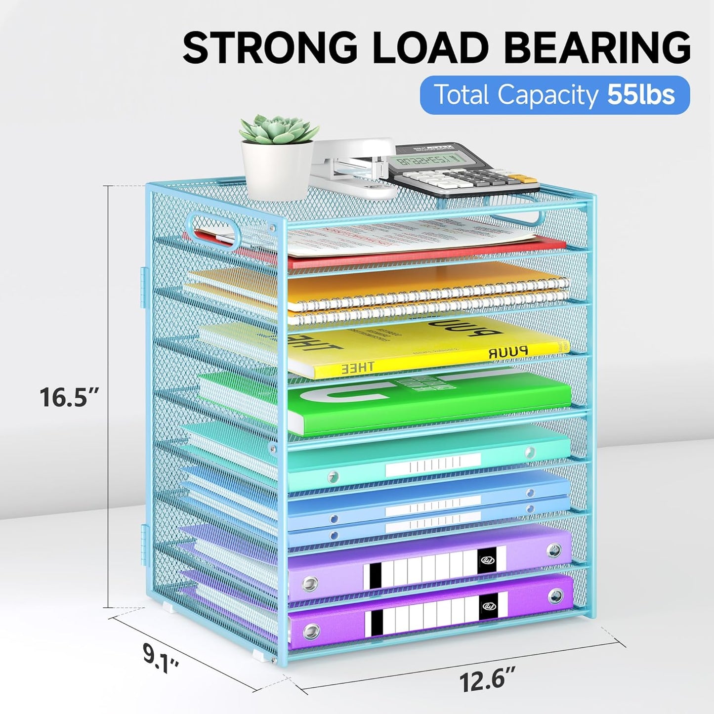 9 Tier Paper Organizer with Handle, Large Capacity Desk Organizer Mesh File Folder Letter Paper Tray Desktop Document Sorter for Classroom, School, and Office Accessories Organization- Blue