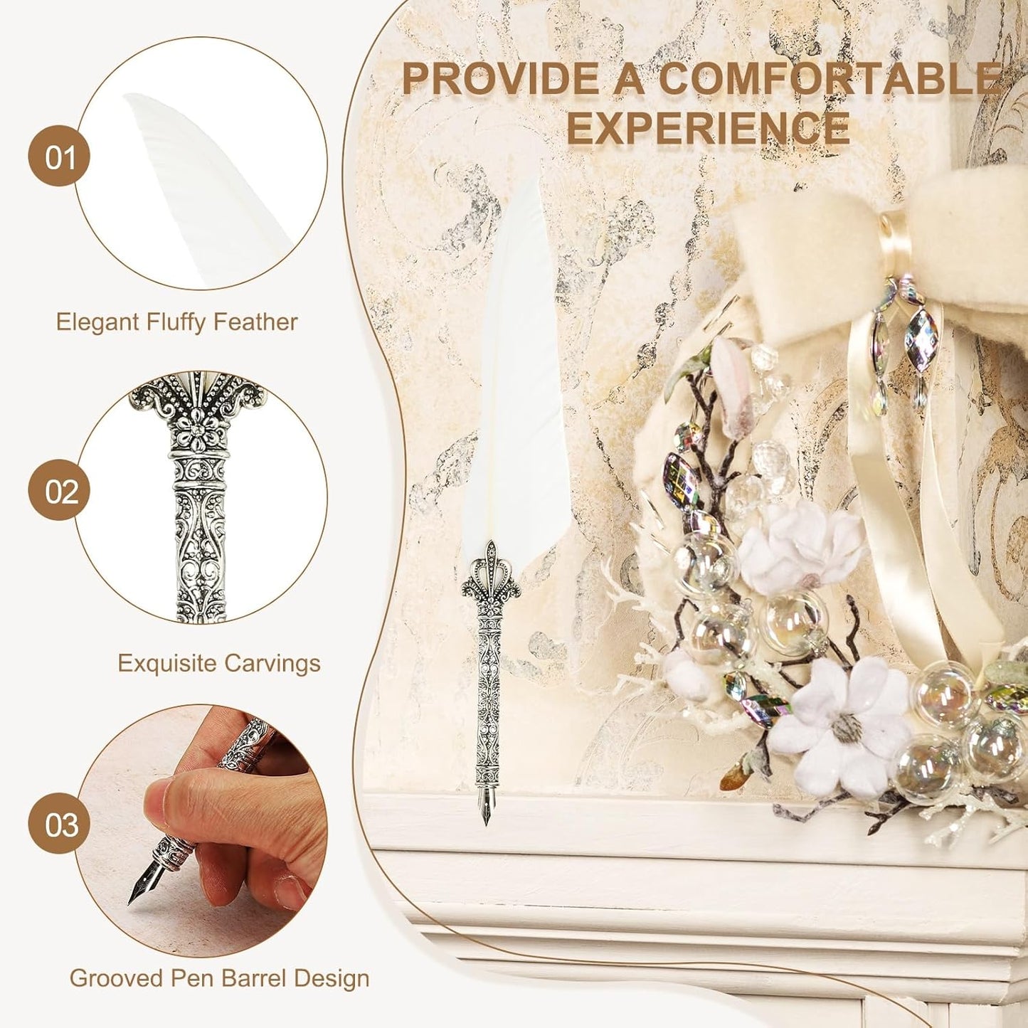 PATIKIL 26.5cm/10.4" Calligraphy Feather Quill Pen, Vintage Feather Dip Pen with 5 Replacement Nibs for Calligraphy Writing Wedding Office Gifts, White