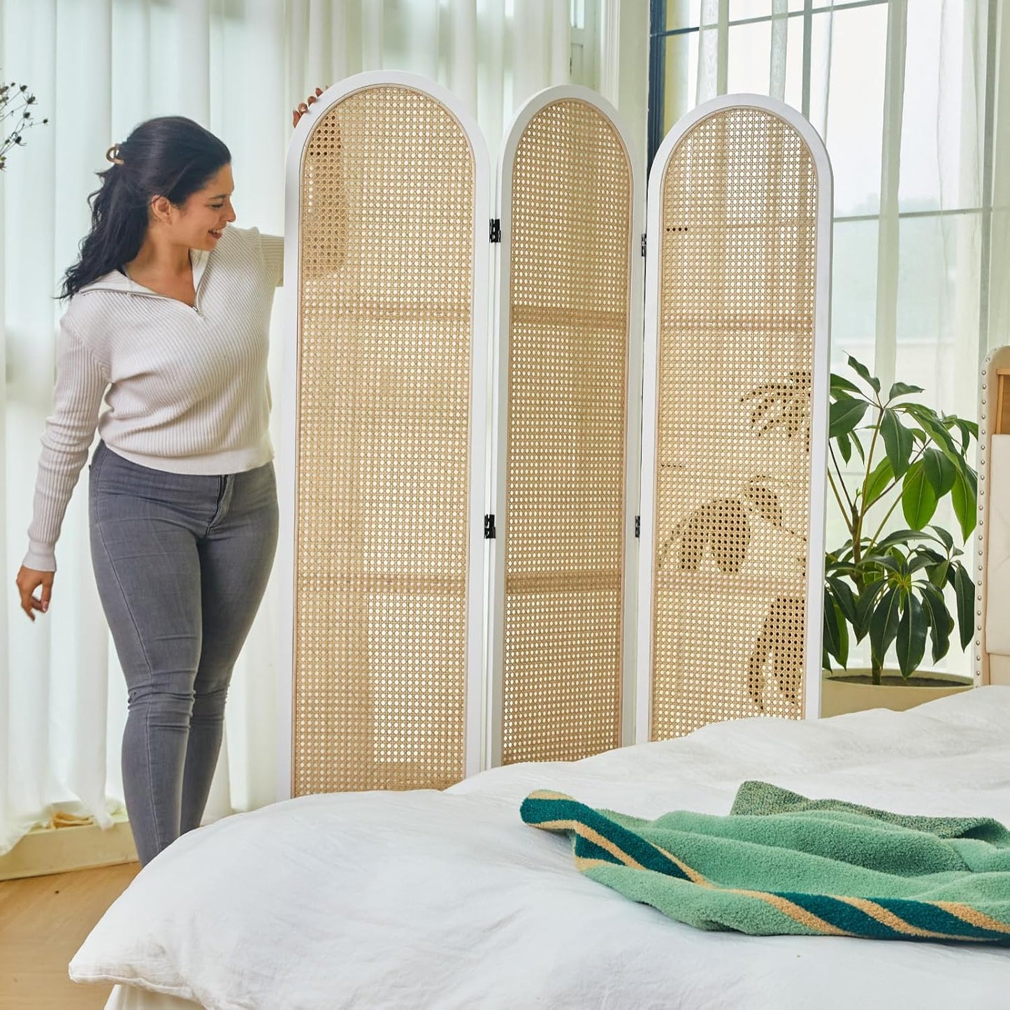 Room Dividers and Folding Privacy Screens, Pine Wood 5.6 Ft Double Hinged Rattan Partition Freestanding Wall Room Divider for Home - 3 Panels (White)