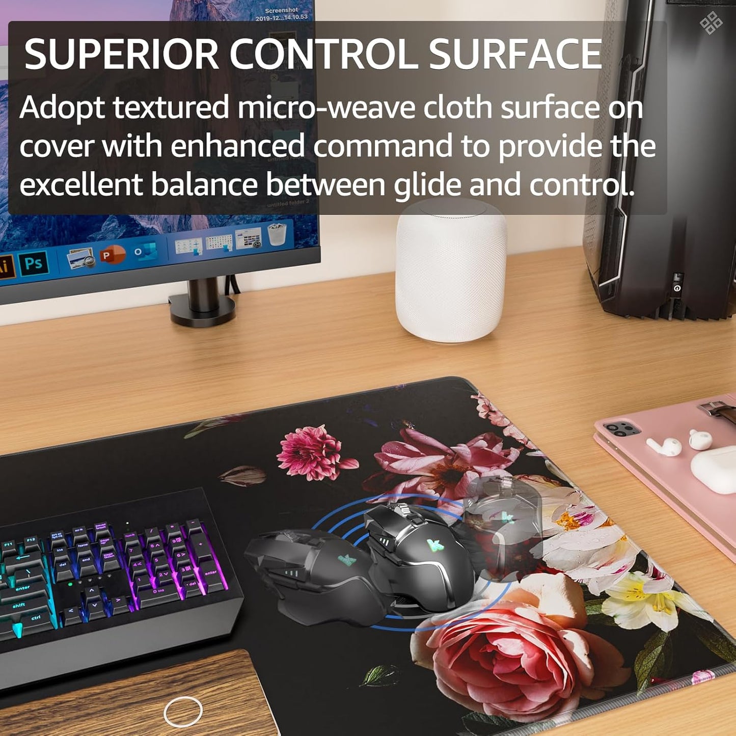 KTRIO Large Gaming Mouse Pad with Stitched Edges, Extended Mousepad with Superior Micro-Weave Cloth, Non-Slip Base, Water Resist Keyboard Pad for Gamer, Office & Home, 31.5x15.7in, Peony Flower