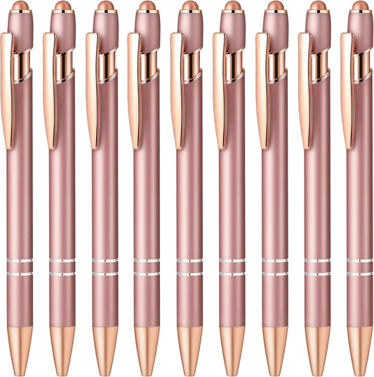 Aozora 9 Pack Ballpoint Pens Smooth Writing 2-in-1 Stylus Retractable Ballpoint Pen with Stylus tip, Office Decor Metal Stylus Pen for Touch Screens, 1.0 mm Black Ink (Rose Gold)