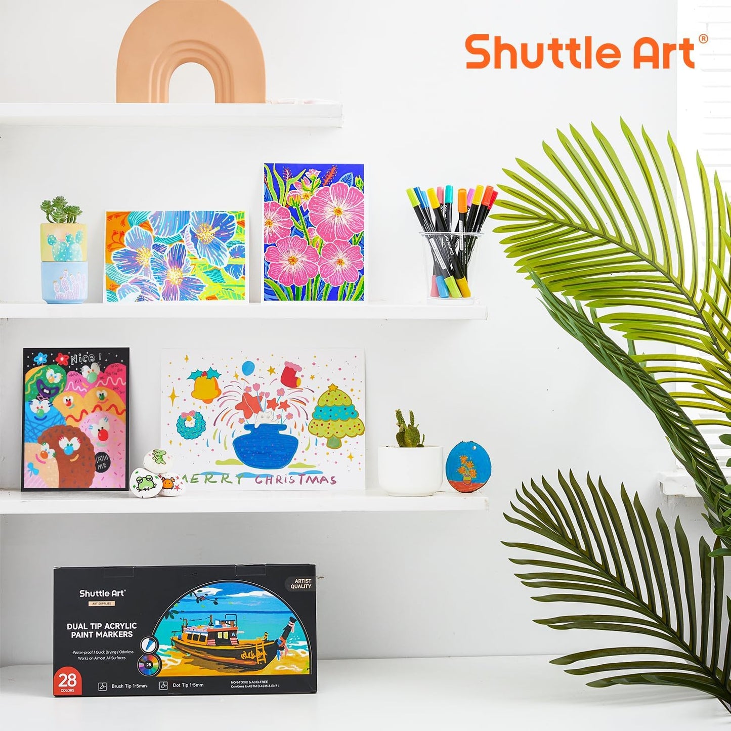 Shuttle Art 28 Colors Dual Tip Acrylic Paint Markers, Brush Tip and Dot Tip Acrylic Paint Pens for Rock Painting, Ceramic, Wood, Canvas, Plastic, Glass, Stone, Calligraphy, Card Making, DIY Crafts