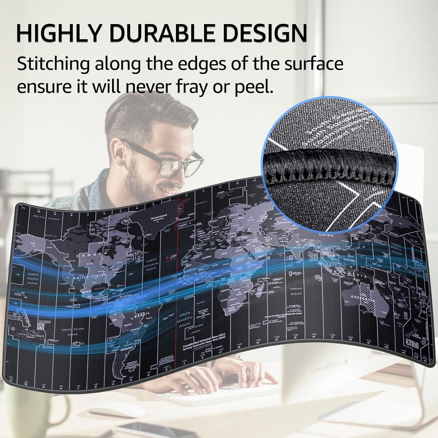KTRIO Large Gaming Mouse Pad with Stitched Edges, Extended Mousepad with Superior Micro-Weave Cloth, Non-Slip Base, Water Resist Keyboard Pad, Desk Mat for Gamer, Office & Home, 31.5x15.7in, World Map