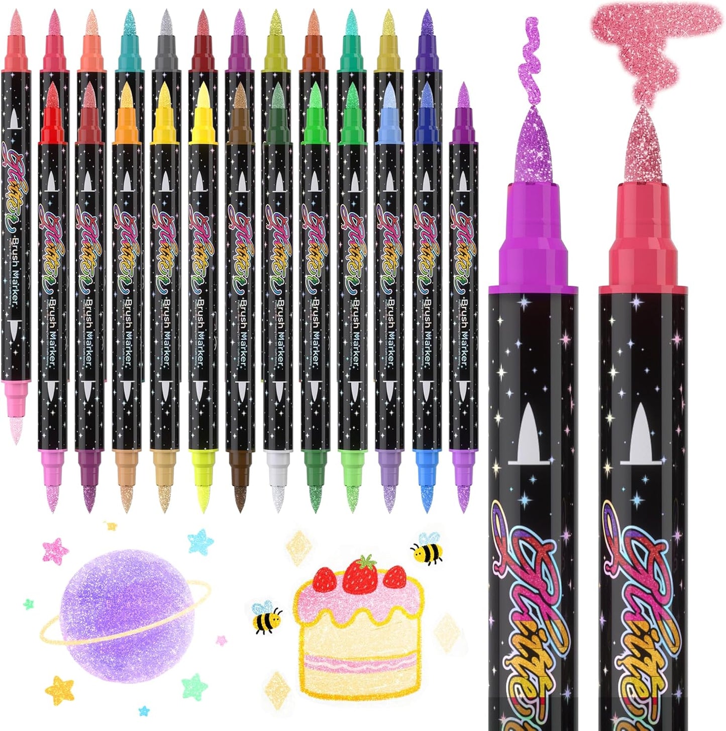 48 Colors Dual-tip Watercolor Markers, 24 Pack Glitter Brush Markers, Water-based Ink Sparkle Pen,Glitter Paint Pens for Adults Coloring,DIY Crafts,Doodle Writing,Art Crafts Gifts