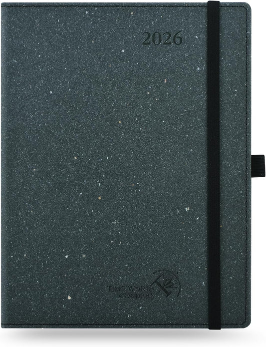 POPRUN 2026 Planner - 2026 Recycled Weekly Planner[6.5''x 8.5''- Italian Regenrated Leather Hard Cover] with Hourly Schedule & Vertical Weekly Layout, Monthly Tabs, Inner Pocket - Black Grey