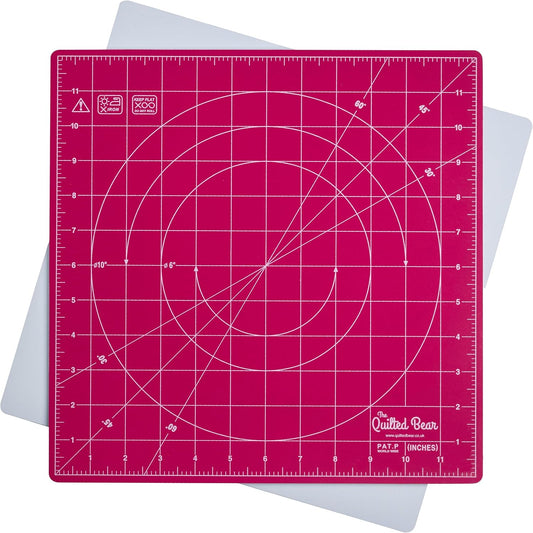 The Quilted Bear Rotating Cutting Mat 12" x 12" - Locking & Rotating Self Healing Cutting Board for Sewing, Fabric & Quilting - 360 Degree Sewing Supplies Mat for Craft Table (Pink)