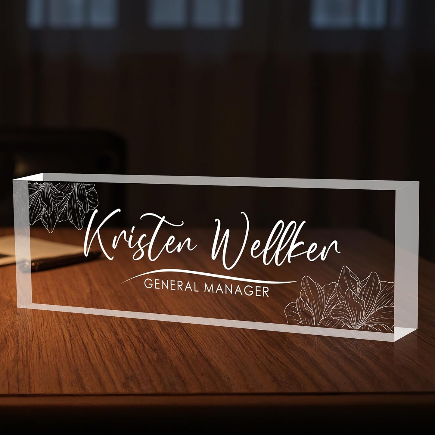 Custom Office Name Plate for Desk, Desk Name Plate Personalized, Personalized Gifts for Women, Appreciation Gifts for Employee Coworkers Boss Teacher, Office Accessories (Engrave Flowers)
