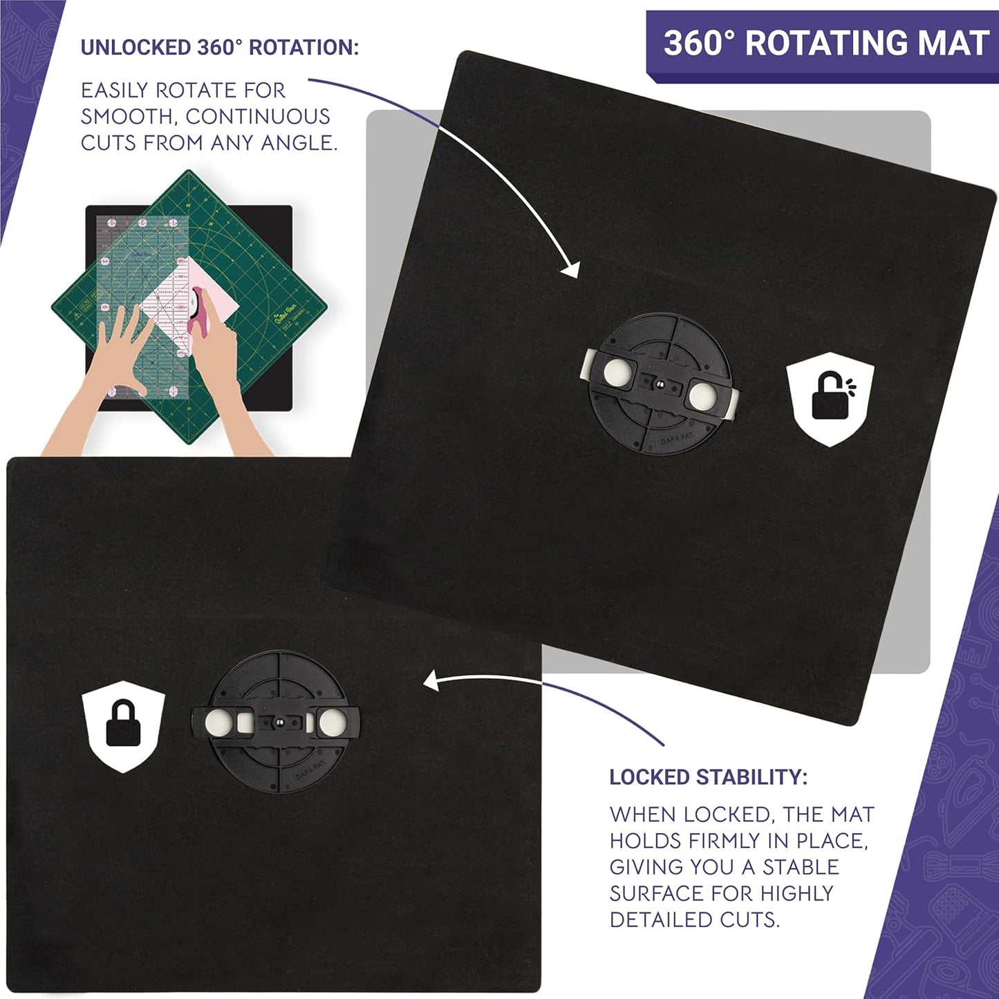 The Quilted Bear Rotating Cutting Mat 12" x 12" - Locking & Rotating Self Healing Cutting Board for Sewing, Fabric & Quilting - 360 Degree Sewing Supplies Mat for Craft Table (Blue)