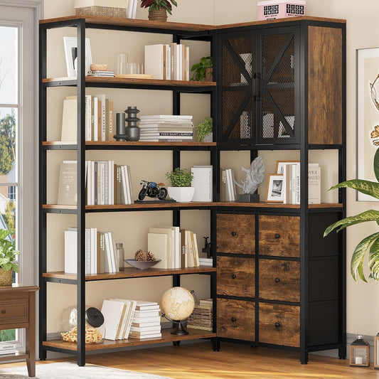 Corner Bookshelf, 6 Tier Industrial Convertible Bookshelf with 6 Fabric Drawers, Corner Bookcase Large L Shaped Storage Display Shelf for Home Office, Living Room, Kitchen, Rustic Brown