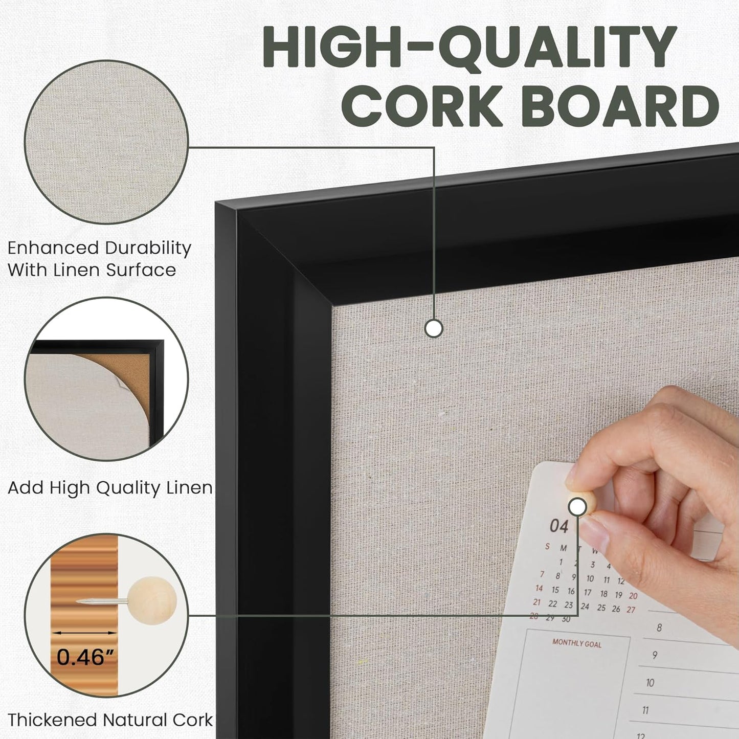 Bulletin Board Cork Board with Linen, 100% Wood Framed 18" x 24" Bulletin Board Decorations, Pin Boards for Walls, Wall Mounted Fabric Picture Board with 10 Pushpins for School, Home & Office, Black