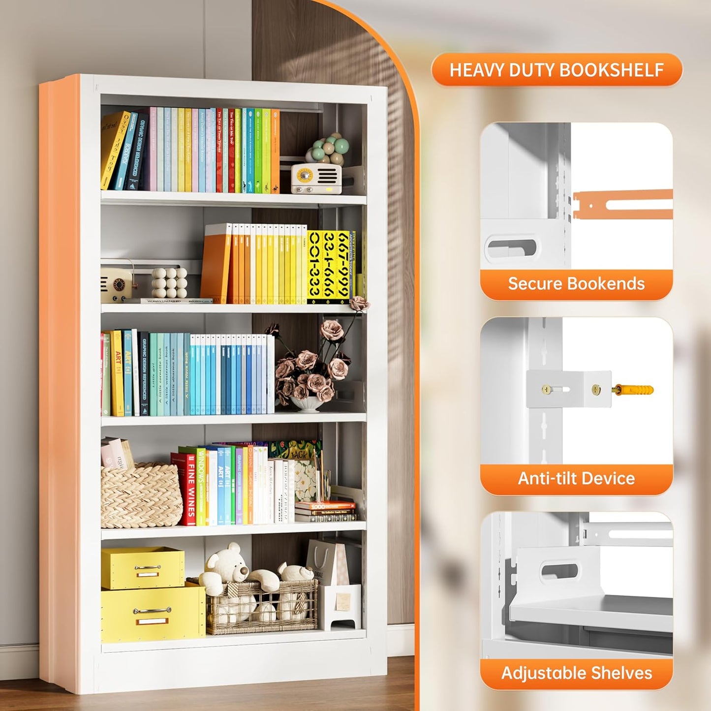 5-Tier Bookcase with Adjustable Storage Shelves, Metal Bookshelf with Book Stopper, Bookcase Shelf for Library, Office, Living Room (White-2)