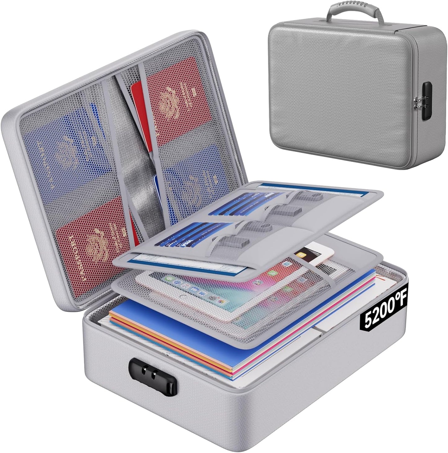 ENGPOW 5200°F Fireproof Document Bag with Lock, Upgraded Heat Insulated Fireproof＆Waterproof Box 8 Layers Document Organizer, Portable Home Travel Safe Storage Box for Important Files, Laptop, Silver
