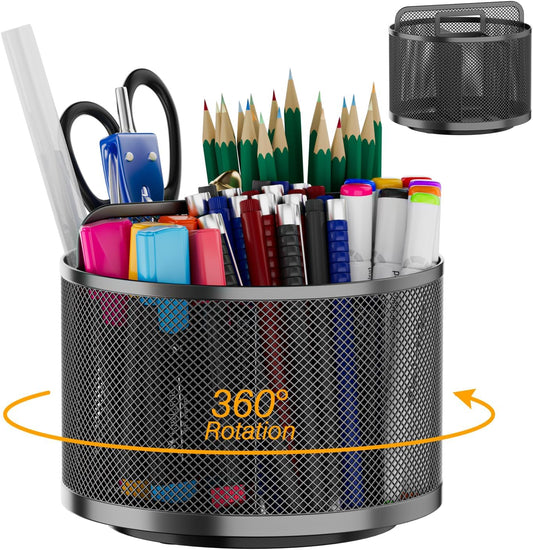 LUCYCAZ 360 Rotating Metal Pencil Pen Holder for Desk, Rotating Pencil Cup with 5 Slots, Dual-Purpose Desk Pen Organizer for Office, School, Home (Round)