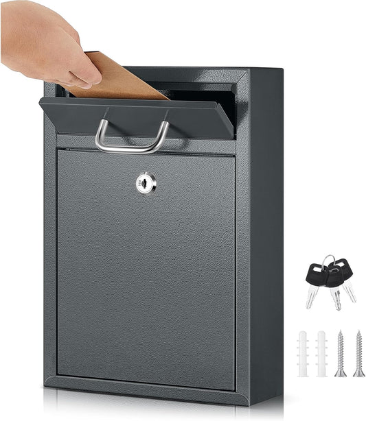 Locking Mailbox with Key for Outdoor 12.2 x 8.5 x 3 Inches Large Wall Mount Mail Box with Lock Security Mail Drop Metal Collection Boxes Hanging Secure Postbox(Dark Gray)