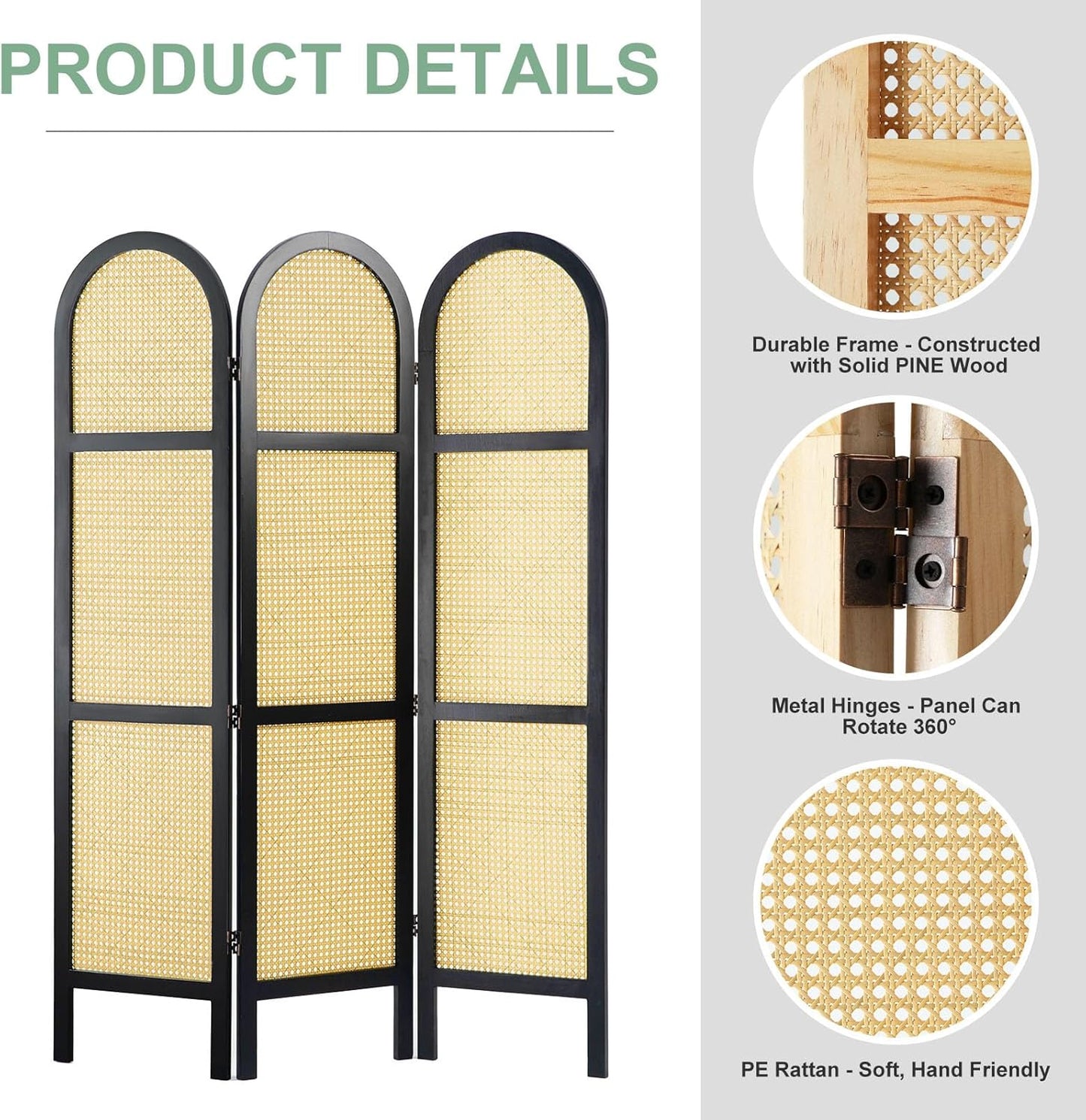 Room Divider and Folding Privacy Screens, Pine Wood 5.6 Ft Double Hinged Rattan Partition Freestanding Wall Room Divider for Home - 3 Panels