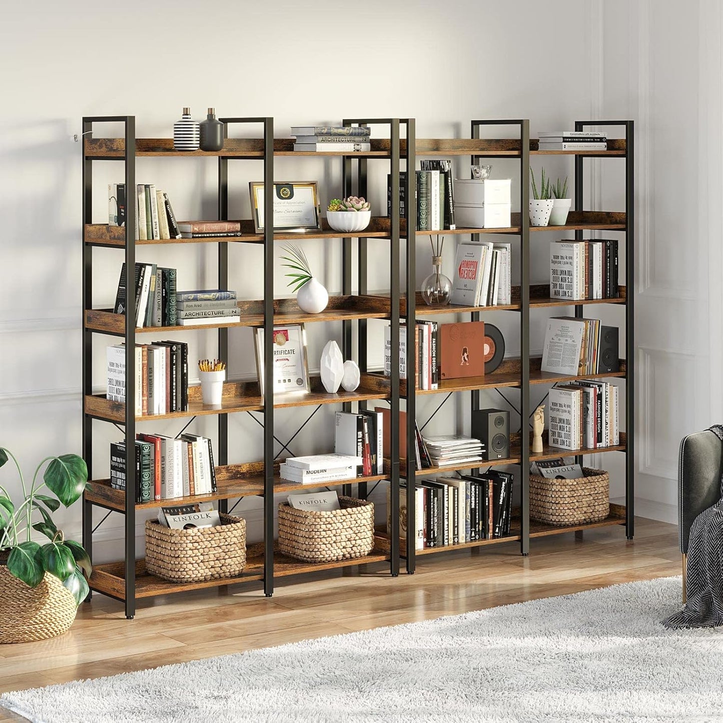 Seventable Bookshelf 6 Tier with 4 Hooks, 67” Industrial Wooden Bookcase, Vintage Storage Rack with Open Shelves, Rustic Standing Bookshelves Metal Frame 43.3” Wide Display Rack, Rustic Brown