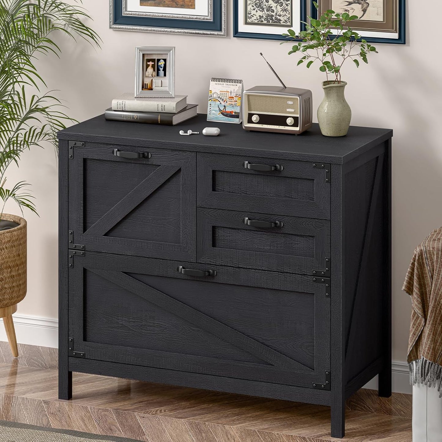 Wood Lateral File Cabinet with 4-Drawer for Hanging Files Letter/A4/Legal Size, Large Farmhouse Filing Cabinets for Home Office, Printer Stand with Office Cabinet, Office Furniture, Black