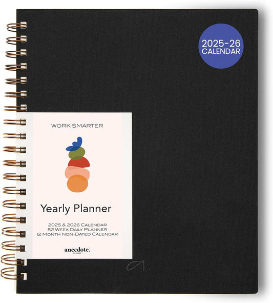 Anecdote Planner 2026 (8.5" x 10") Spiral Notebook - 2026 Daily Planner Weekly and Monthly - Features a Library Buckram Cover, Brass and A4 Size Bleed-Resistant Paper - Organize All 52 Weeks. Start Anytime – Black
