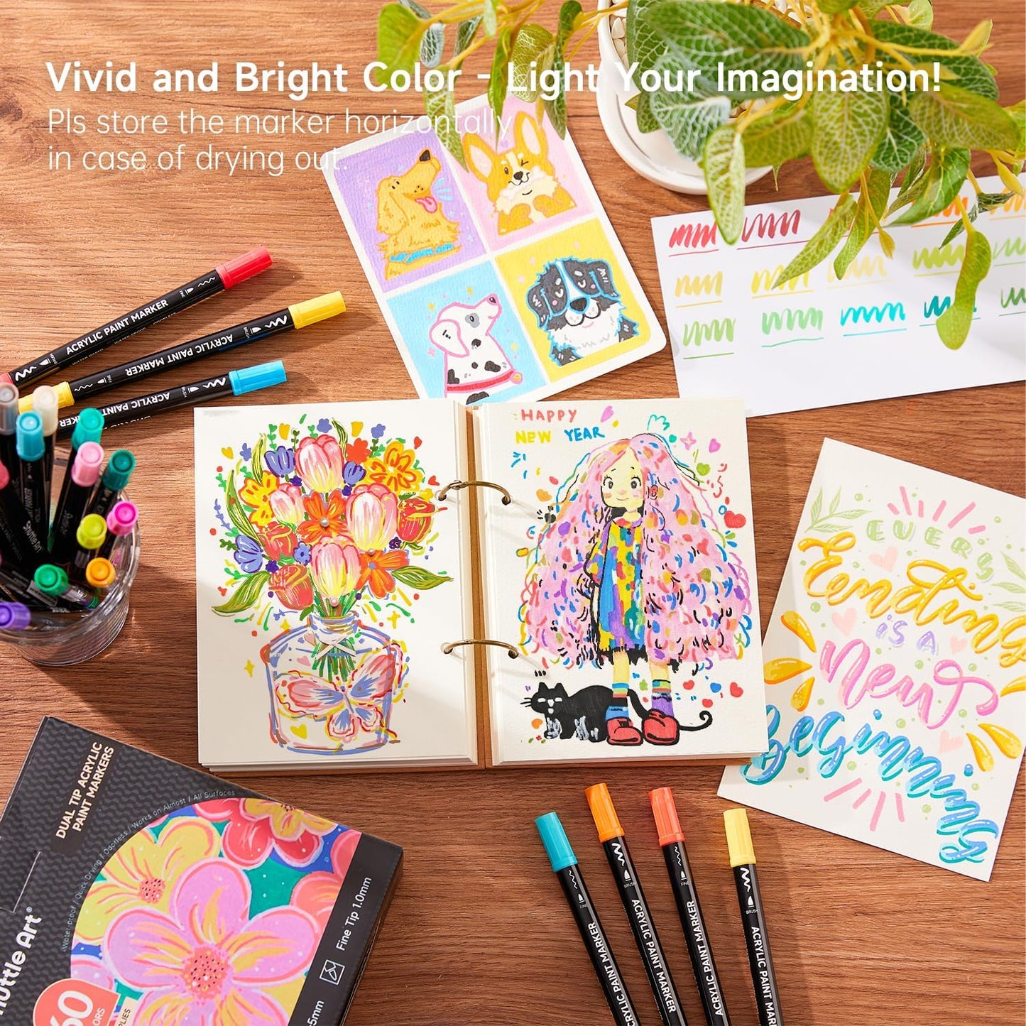 Shuttle Art 60 Colors Dual Tip Acrylic Paint Markers, Brush Tip and Fine Tip Acrylic Paint Pens for Rock Painting, Ceramic, Wood, Canvas, Plastic, Glass, Stone, Calligraphy, Card Making, DIY Crafts