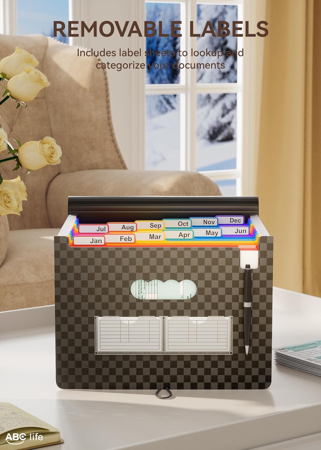 ABC life Accordian File Organizer 12 Pockets,Expanding File Folder/Portable A4 Letter Size Filling Box, Expandable Desktop Accordion Folder, Plastic Paper Document Coupon Organizer with Colored Labels