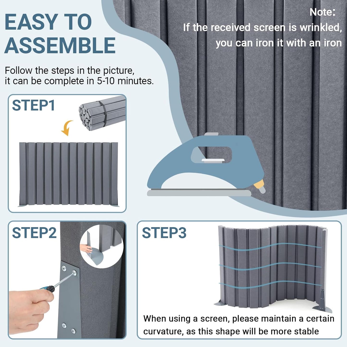 Soundproof Room Divider Panel, Foldable Acoustic Partition Wall with Stand and Straps, Freestanding Privacy Screen for Office Study Bedroom Studio Library, Grey(48" X 6')