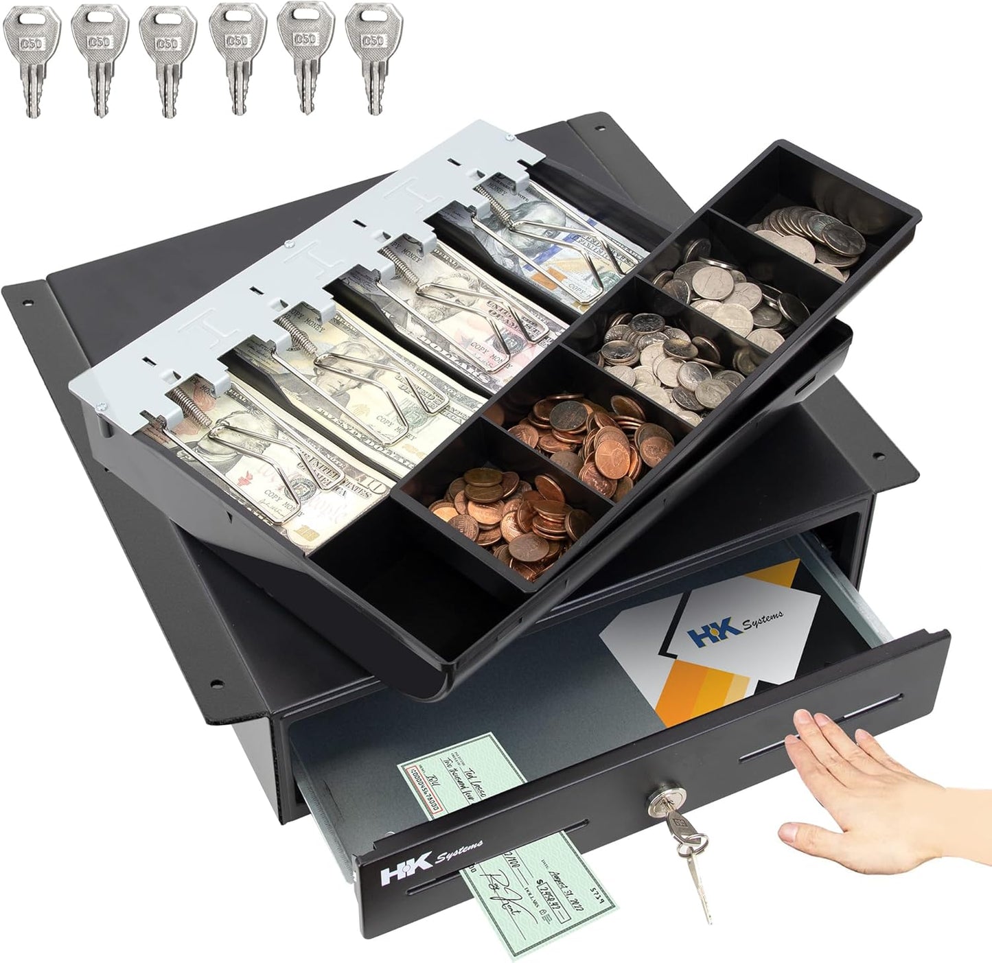 HK SYSTEMS 13inch Heavy Duty Manual Push-Open Cash Drawer with 4Bill/5Coin, Removable Till, Two Medial Slots, Black