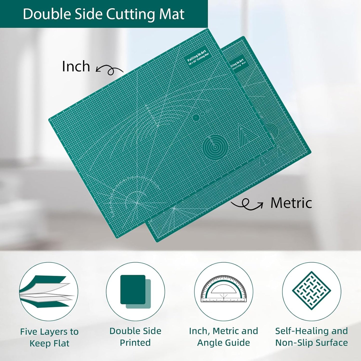 Falling in Art Self Healing Cutting Mat, 18x24" Cutting Mats for Sewing, Double-sided 5-Ply Fabric Cutting Board for Crafting, Quilting and Sewing Projects, Green
