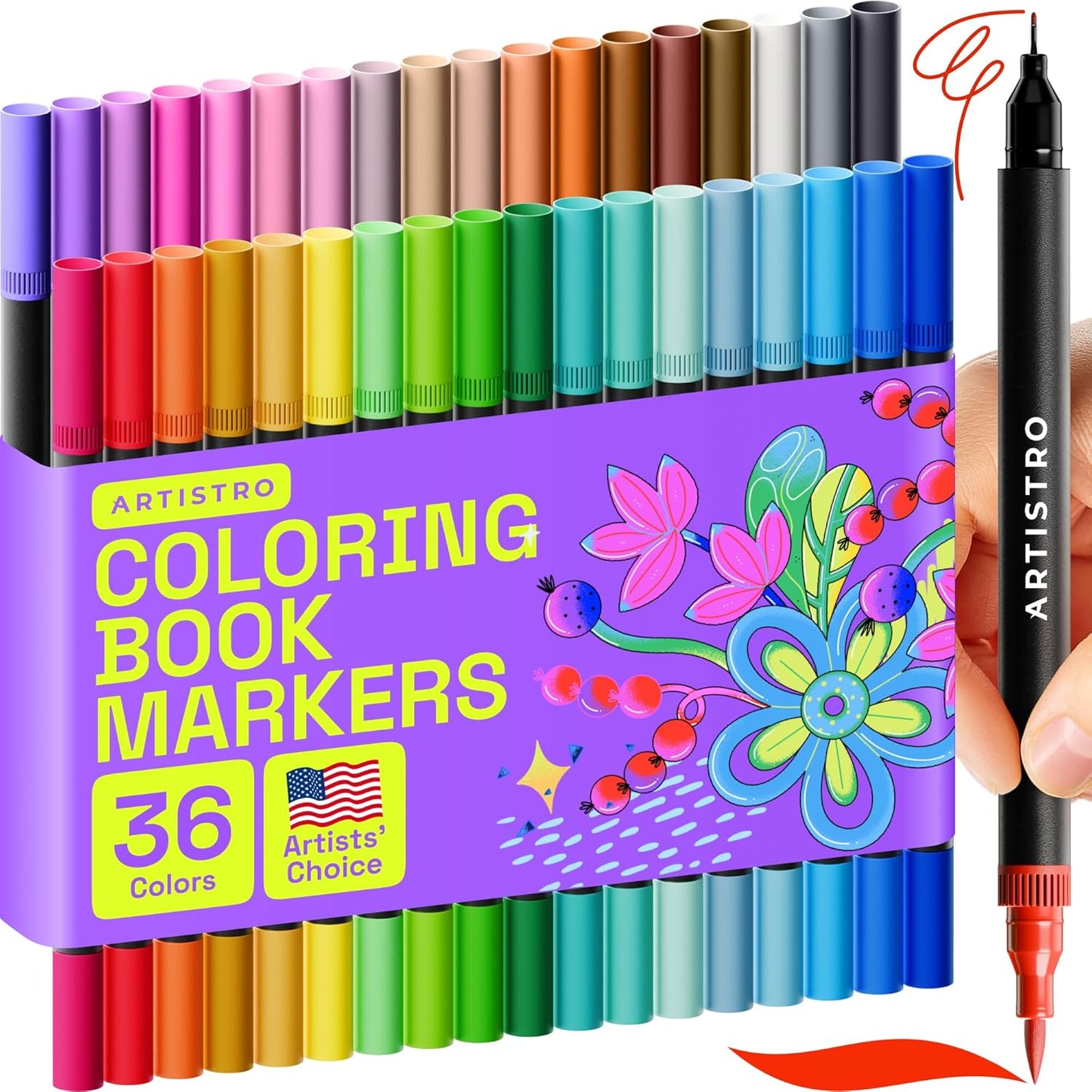 ARTISTRO 36 Brush Marker Pens Coloring Markers for Adults Brush Tip & 0.4mm Fineliner Pens Coloring Markers No Bleeding