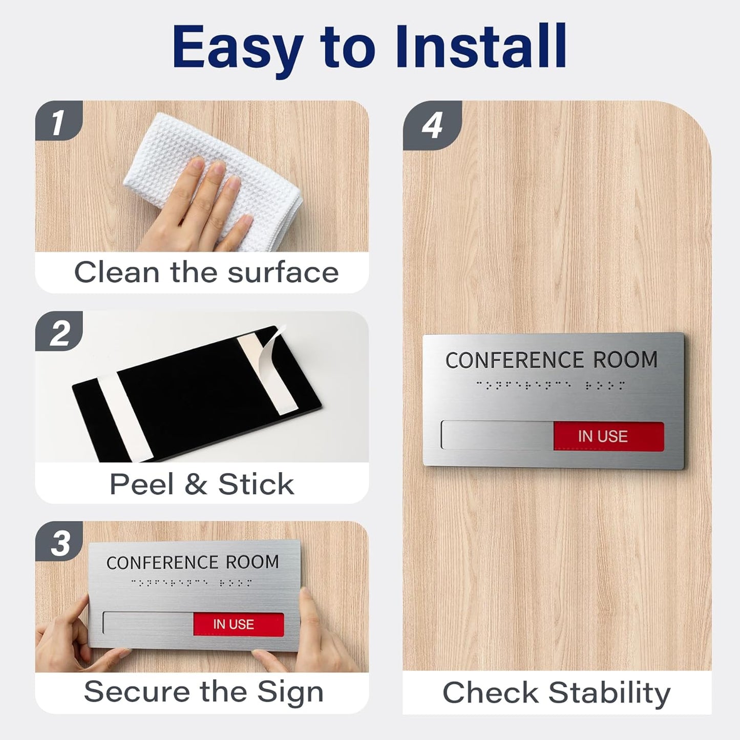 Conference Room Office Door Signs Do Not Disturb, In Use/Available Slider Sign with Raised Text & Grade 2 Braille, Conference Vacant Occupied Sign Brushed Aluminum/Silver