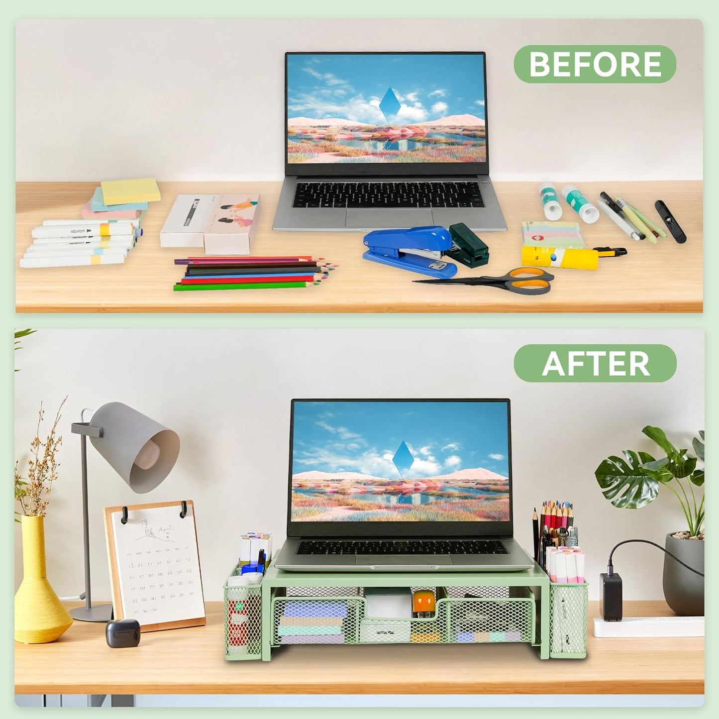 Computer Monitor Stand Riser with Drawer and Pen Holders, Desk Organizer Shelf and Accessories, Office Desk Accessories, Office Organization, Green