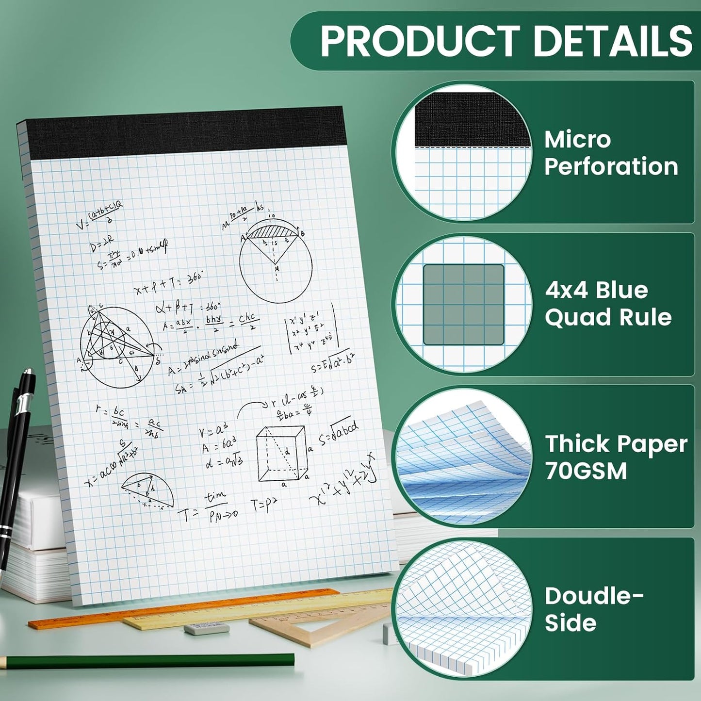Graph Paper 8.5 X 11, 20 Pack, 4x4 Quad Ruled, Grid Paper Pad 8-1/2" X 11.75", Grid Pad 8.5 X 11.75, Engineering Notebook, Easy Tears Off, White 70 Gsm Graft Paper