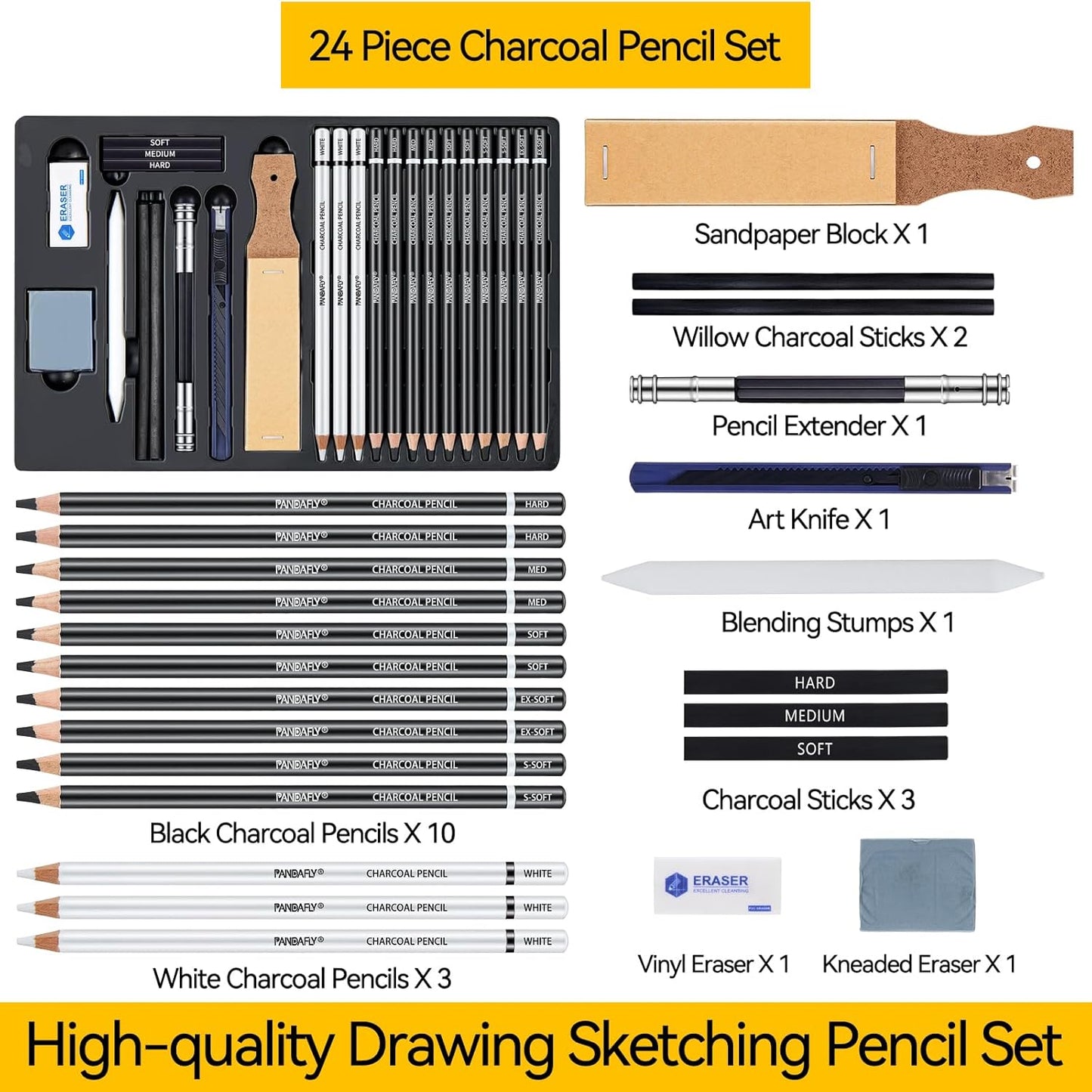 PANDAFLY Charcoal Pencils Drawing Set, 24 Piece Black & White Charcoal Pencils for Drawing, Sketching, Shading, Blending, Artist Pencils for Kid, Beginners & Pro Artists