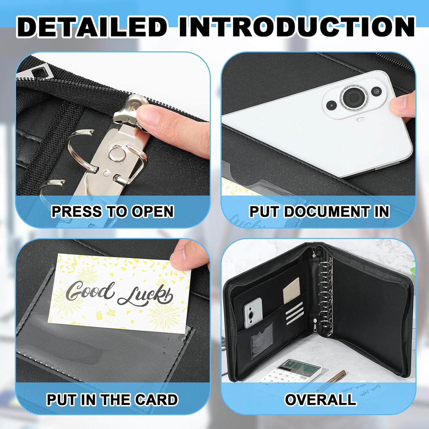 Henoyso 7 Ring Fireproof Business Checkbook Binder with Zipper 1.5 Inch D Rings Check Binder 9 x 13 Inch Checks 600 Sheets Capacity Built in Storage Organizer for Office Storage(Black)