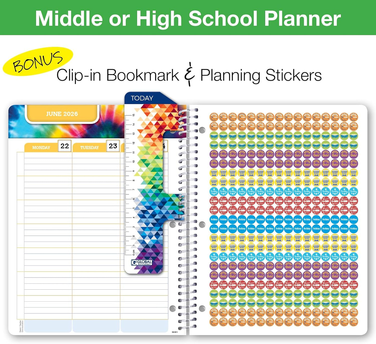 Global Datebooks Dated Middle School or High School Student Planner for Academic Year 2025-2026 Includes Ruler/Bookmark and Planning Stickers (Matrix Style - 8.5"x11" - Triple Stripe)