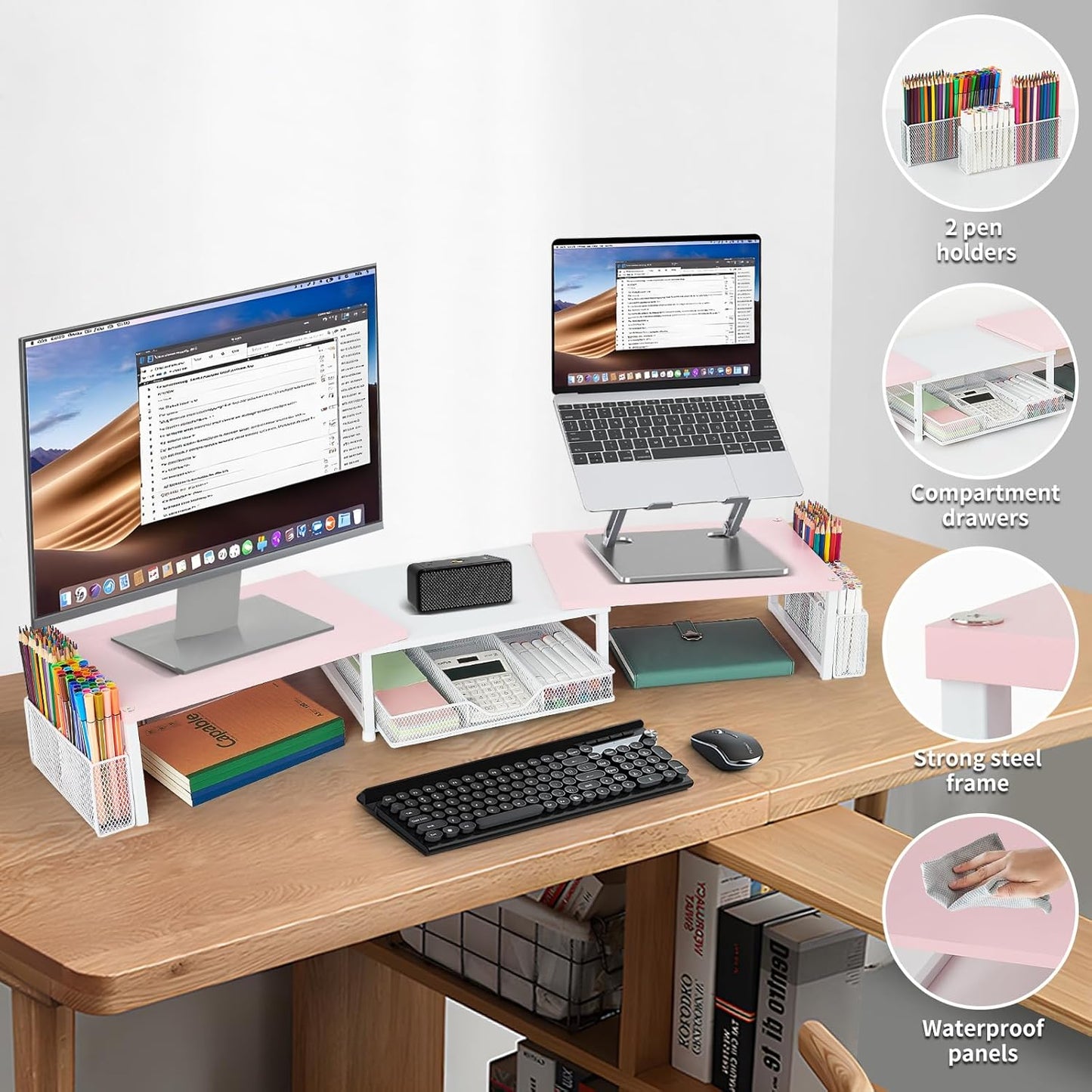 Desk Dual Monitor Stand Riser - Desk Organizer with Drawer and Pen Holders, Office Desk Accessories & Workspace Organization, Computer Monitor Stand for Laptop, Printer(Pink＆ White)