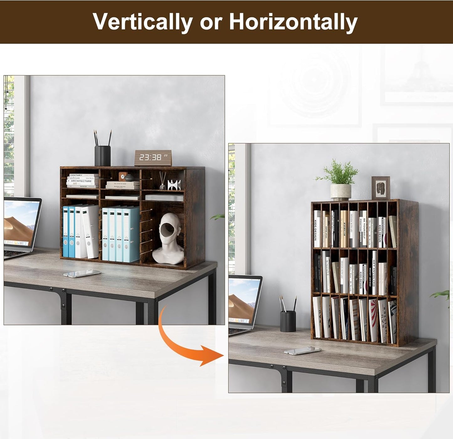 Mail Organizer Countertop, 27 Slots Wooden Desk File Literature Sorter, Adjustable Paper Storage Shelves Document Holder, Space Saving Desktop Mailbox for Office Classroom, Rustic Brown