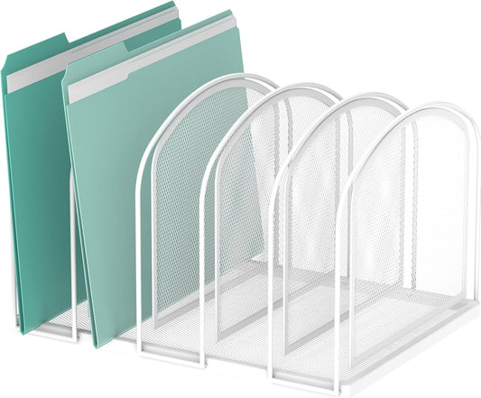SUPEASY File Organizer 5-Section Mesh Desk Organizer, Upright File Organizer Desktop Organizer File Sorter, File Folder Holder for Office Supplies, White