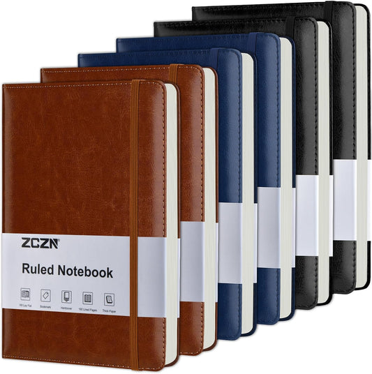 ZCZN 6 Pack Lined Journal Notebooks, 192 Pages A5 Hardcover Leather Journals for Work,Writing,School & Travel, College Ruled Journaling Notebooks for Notes Taking,Diary Journal (Black+Brown+Blue)*2