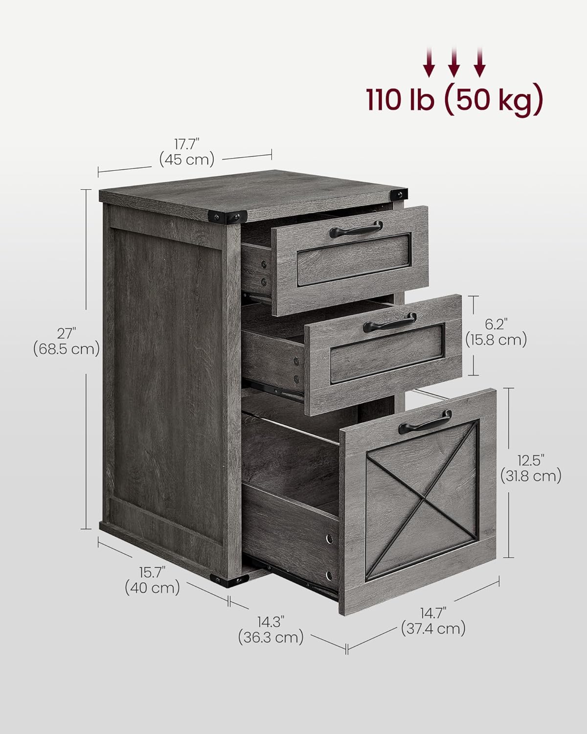 VASAGLE File Cabinet, Filing Cabinet with 3 Drawers, Printer Stand, Fit A4, Letter Size, Hanging File Folders, Modern Farmhouse Style, for Home Office, Misty Gray UOFC054G01