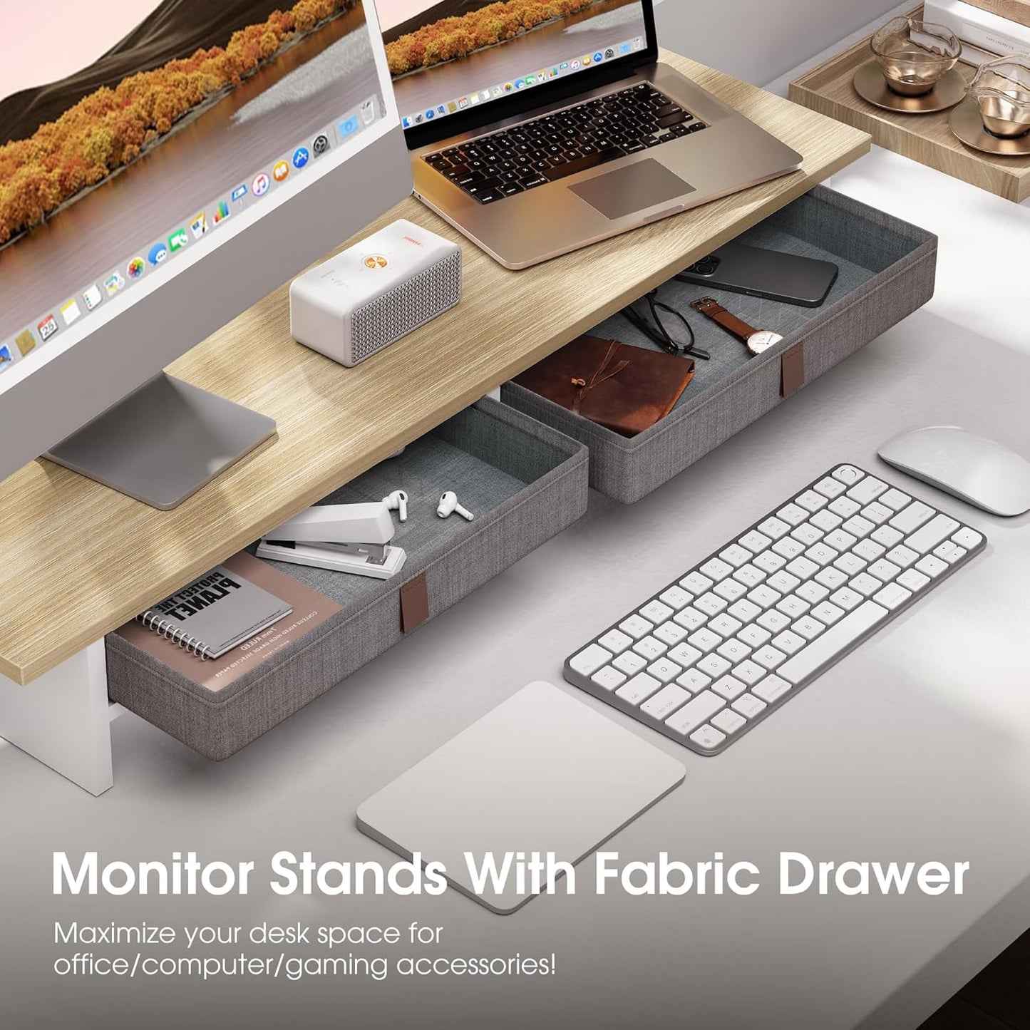 Fenge Monitor Stand with Drawer, 2 Tiers Dual Monitor Riser for Desk, 35 Inch Computer Stand for 2 Monitors, Desk Shelf for Home, Office, Laptop, PC, TV, Printer