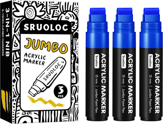 3 Jumbo Permanent Markers Blue, 15mm Thick Wide Tip, Large Acrylic Paint Markers for Rock Painting, Poster, Graffiti, Stone, Ceramic, Glass, Wood, Canvas