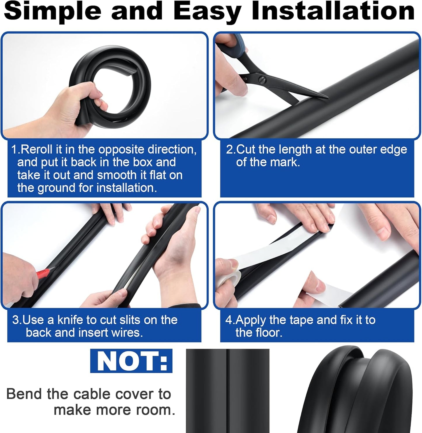 6ft Heavy Duty Cord Hider for Floor, Black Cable Management Cover, Hide Electrical Wires, Protector With 0.78" W x 0.32" H Cable Cavity
