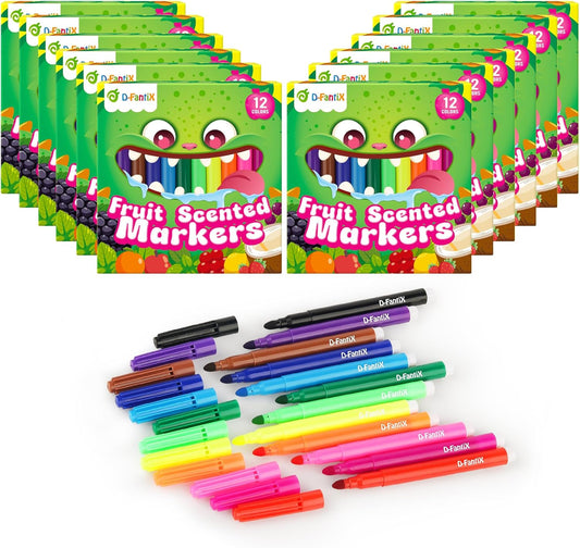 D-FantiX 12 Packs Fruit Scented Washable Markers for Kids Toddlers, 144 Count Coloring Markers Set, Bulk Art Supplies, Back to School Supplies, Gifts for Party Favors, Classroom Prizes, Donations