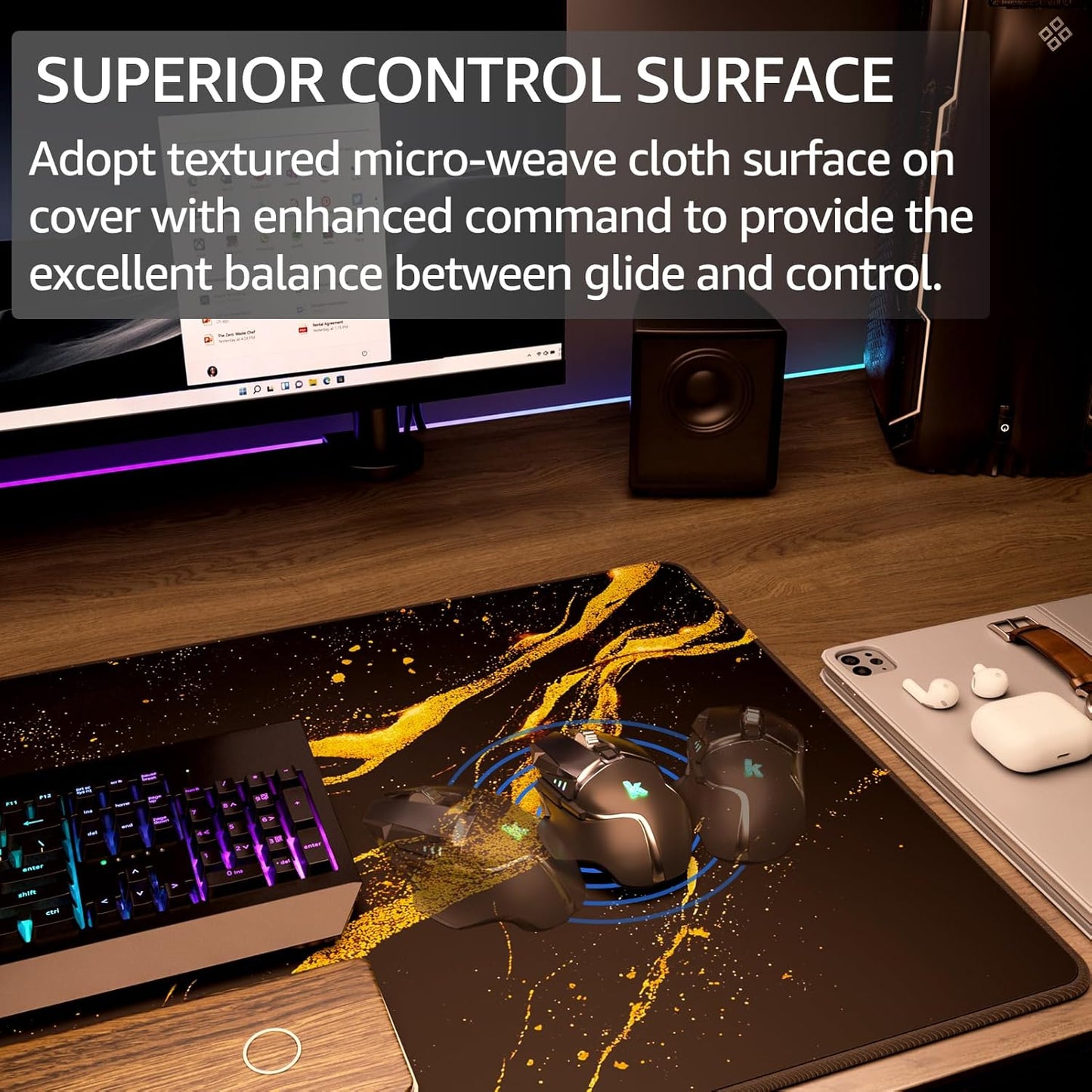 KTRIO Large Gaming Mouse Pad with Stitched Edges, Extended Mousepad with Superior Micro-Weave Cloth, Non-Slip Base, Water Resist Keyboard Pad for Gamer, Office & Home, 31.5x15.7in, Black Gold