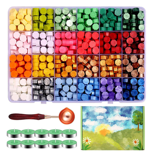 Comealltime 630Pcs 24 Colors Sealing Wax Beads, Colorful Seasons Theme Wax Seal Kit with 1Pcs Melting Spoon, 10Pcs Tea Light Candles and Gift Box(Colorful Season)